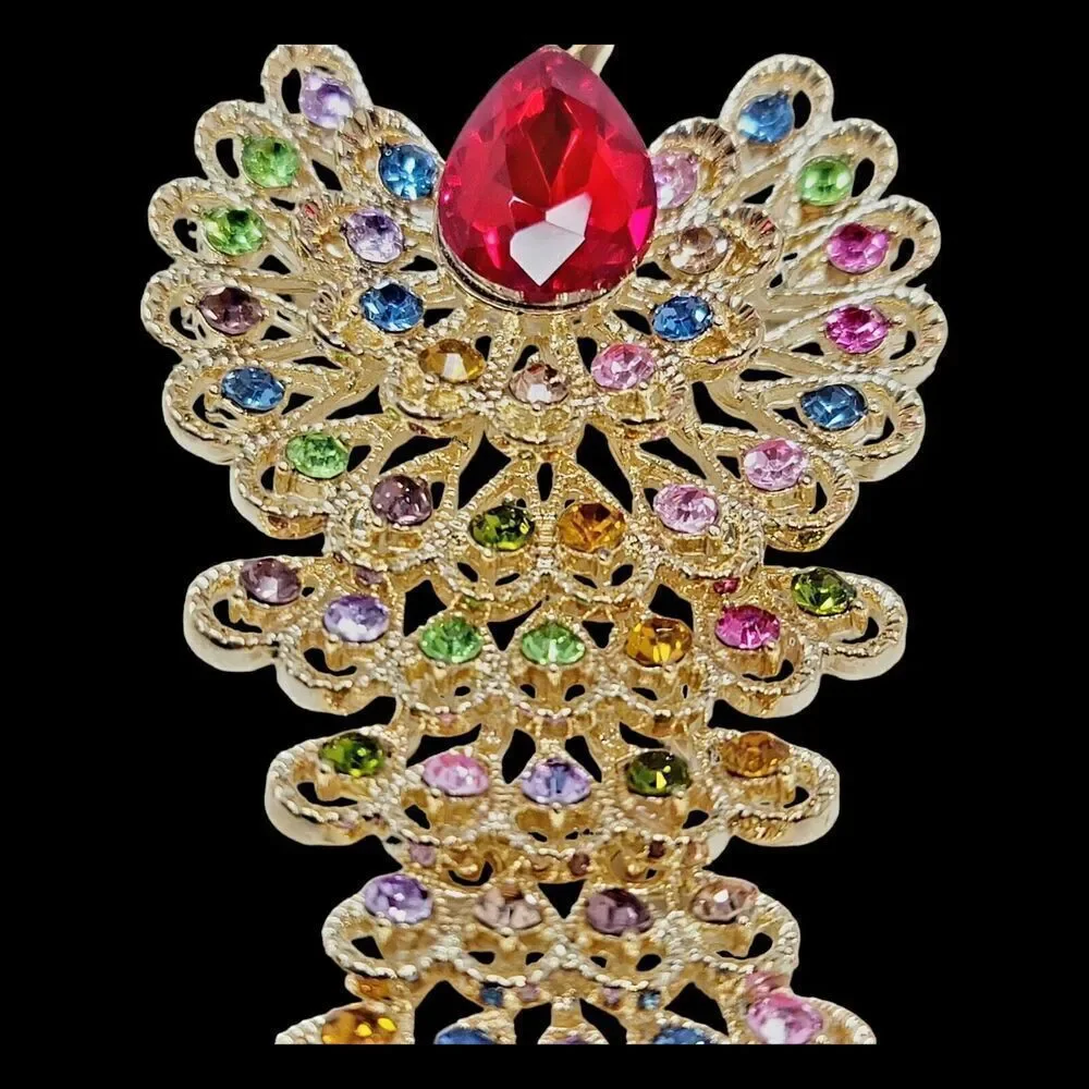 Beautifull Large Gold‎ Peacock With Multi-Colored Rhinestones Brooch Pin Pendant